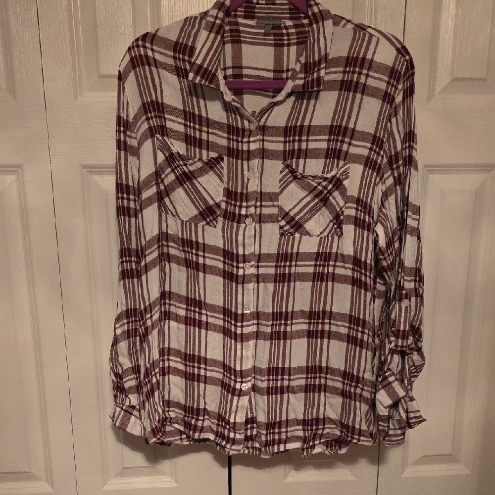 Charlotte Russe Burgundy and Cream Plaid Shirt